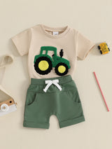 Toddler Boys Summer Outfits Truck Embroidered Round Neck Short Sleeve T-Shirts Elastic Waist Shorts 2pcs Clothes Set