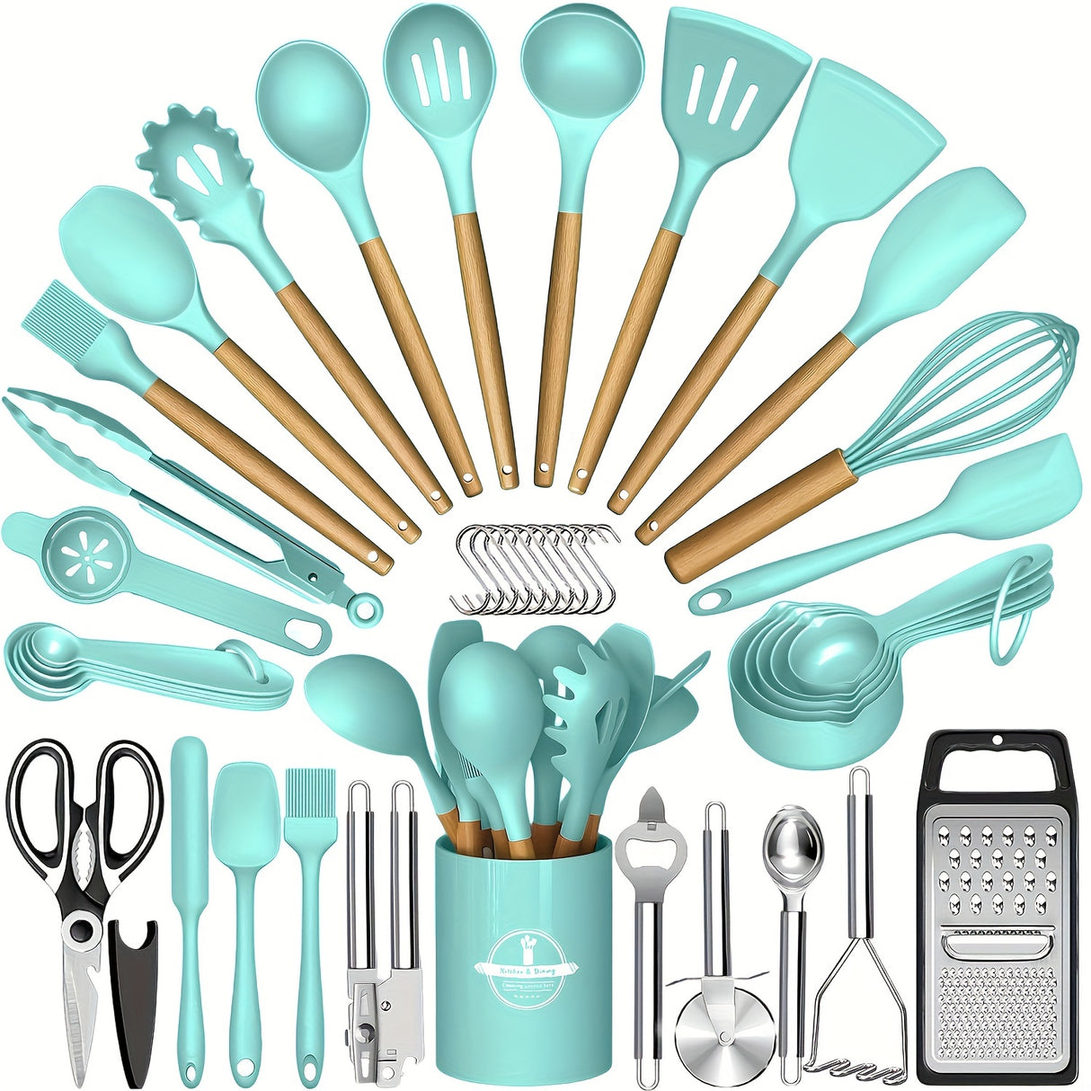 44pcs Non-Stick Silicone Kitchen Utensil Set with Wooden Handles, Includes Stainless Steel Grater & Bottle Opener