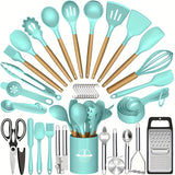 44pcs Non-Stick Silicone Kitchen Utensil Set with Wooden Handles, Includes Stainless Steel Grater & Bottle Opener