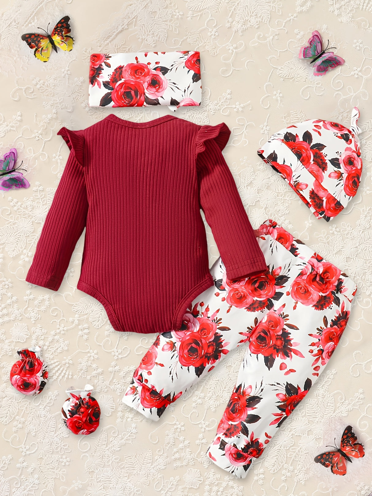 Newborn Baby Girl Clothes Hello I'm New Here Letter Romper+Floral Pants+Hat+Headband+Gloves Coming Home Outfits