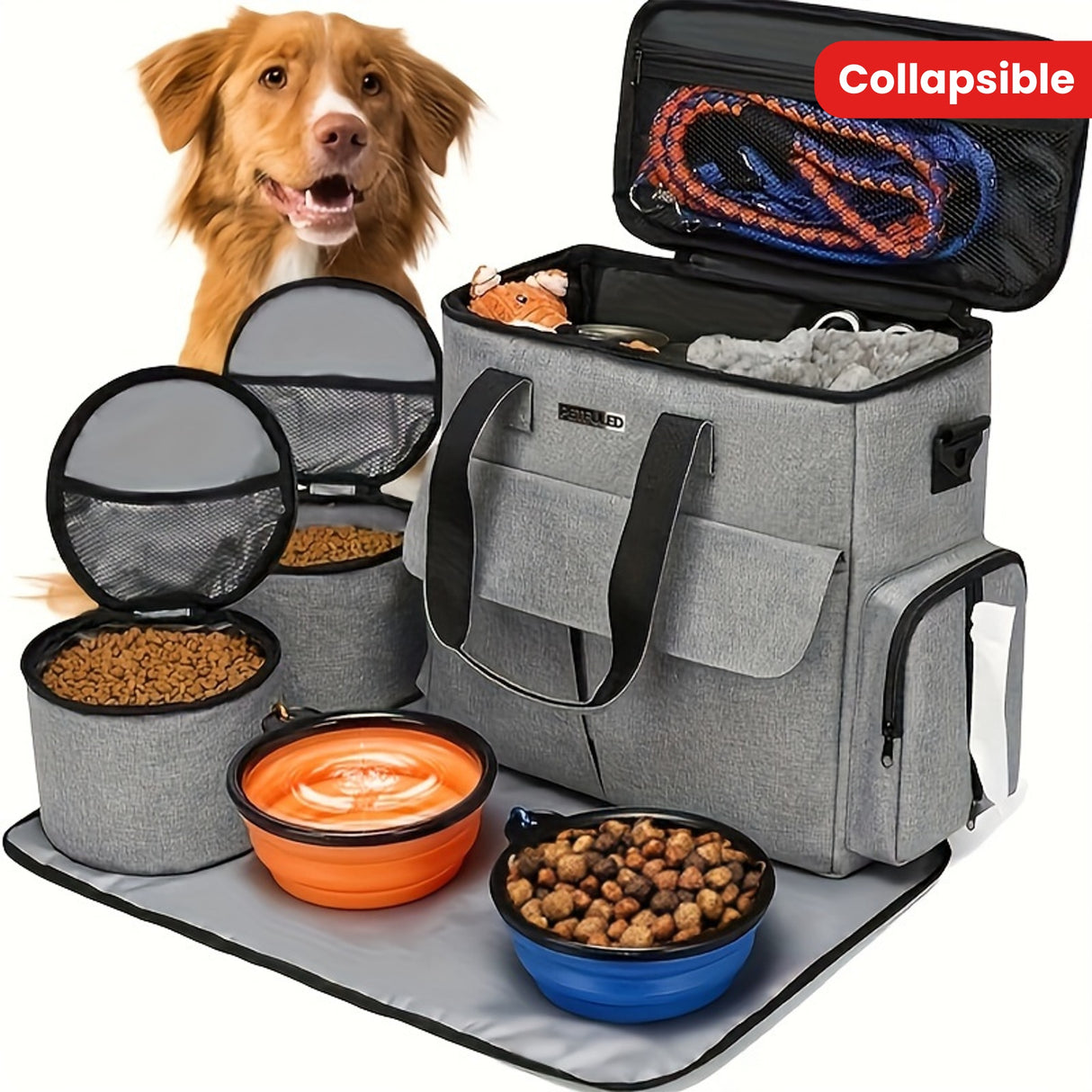 Travel Bag for Pets, a Weekend Travel Set for Dogs And Cats, Airline-Approved Tote Bag with Storage, Featuring Multiple Pockets, 2 Pet Food Containers, And 2 Collapsible Silicone Bowls.