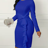 Long Sleeve Solid Ruffle Trim Belted Elegant Dress for Spring & Fall, Women's Clothing