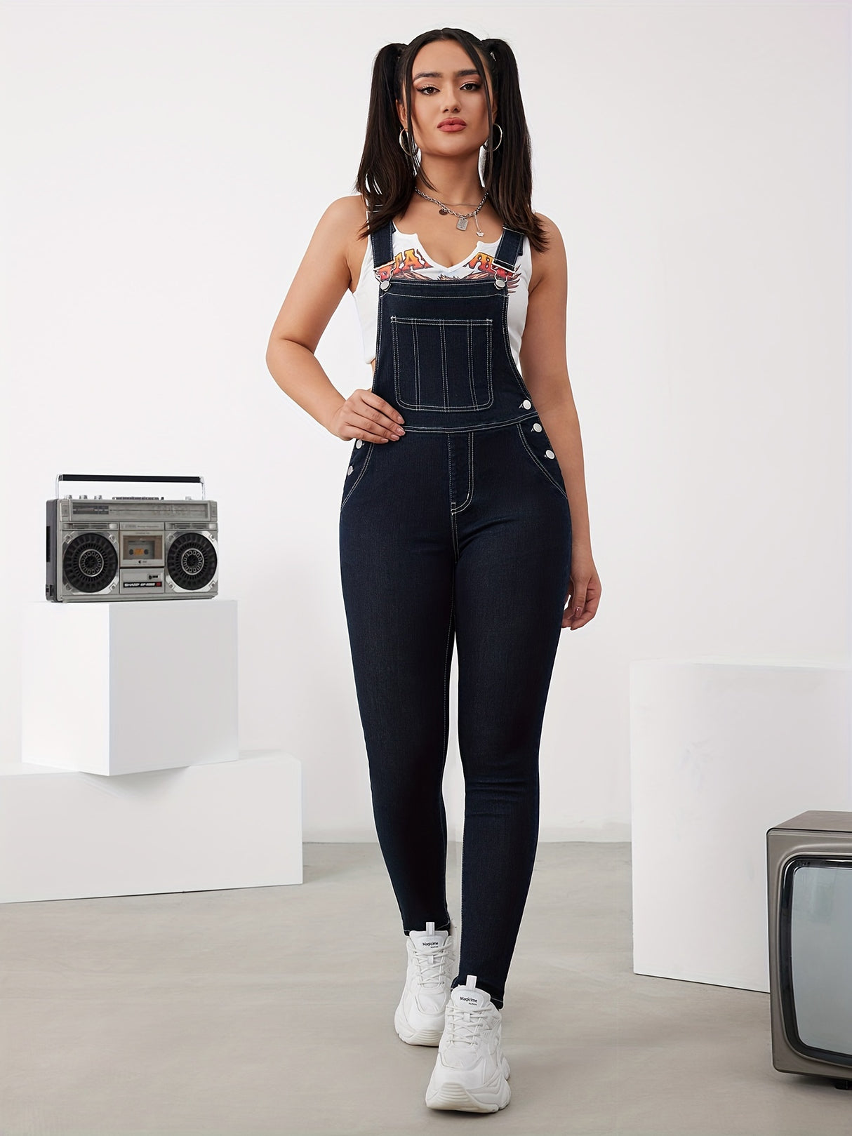 Side Button High Elastic Denim Overalls, Adjustable Strap Elegant Fitting Denim Jumpsuits, Women's Denim Jeans & Clothing