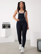 Side Button High Elastic Denim Overalls, Adjustable Strap Elegant Fitting Denim Jumpsuits, Women's Denim Jeans & Clothing