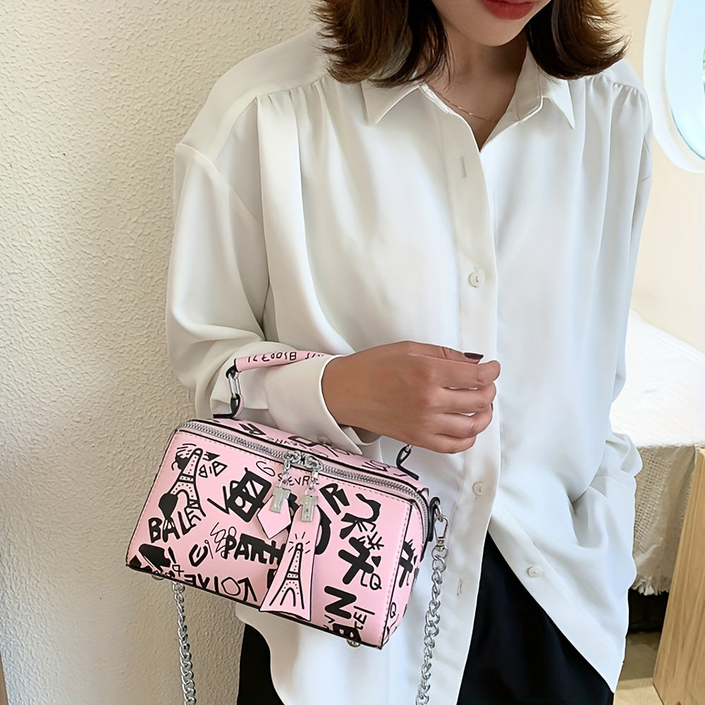 Vibrant Graffiti Small Zipper Box Crossbody Handbag for Women - Trendy Chain Strap, Stylish Design, Compact Size, Easy-Close Zipper, Perfect for Daily Use - Ideal Accessory for Fashion-Conscious Ladies