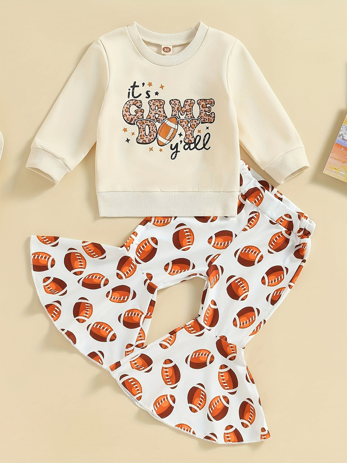 Toddler Baby Girls Cute 2pcs Outfits - Rugby Print Long Sleeve Sweatshirt & Stretchy Flared Pants Set Kids Clothes
