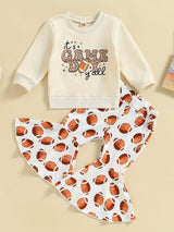 Toddler Baby Girls Cute 2pcs Outfits - Rugby Print Long Sleeve Sweatshirt & Stretchy Flared Pants Set Kids Clothes