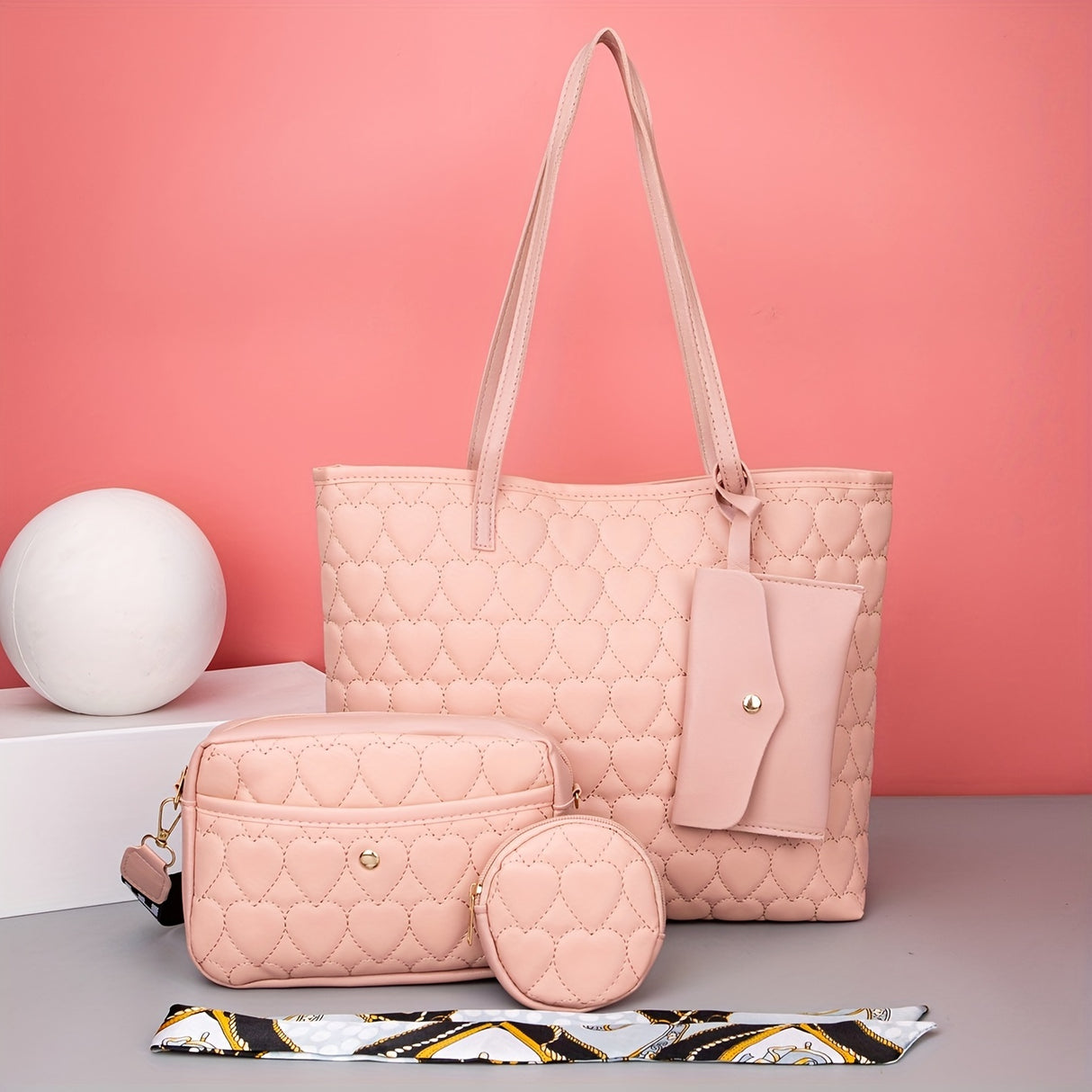 Quilted Detail Tote Bag Set: Classic Shoulder Chain Bag, Crossbody Purse with Scarf Decor