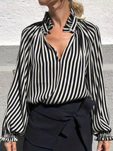 Chic Striped V-Neck Blouse with lettuce trim - Fashionable Long Sleeve Top for Women - Elegant Casual Wear