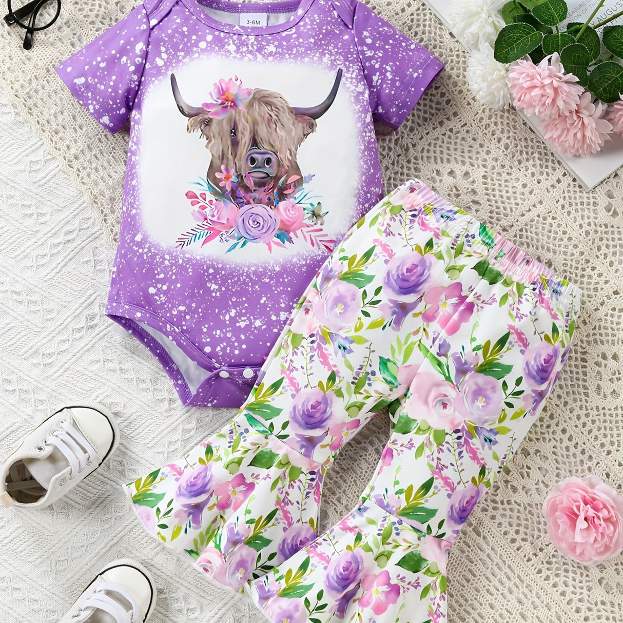 Adorable Baby Girl Romper Set - Cow Head Flower Short Sleeve Triangle Design, Long Flared Trousers with Vibrant Floral Print, Soft and Breathable Fabric, Comfortable Wear for Newborns