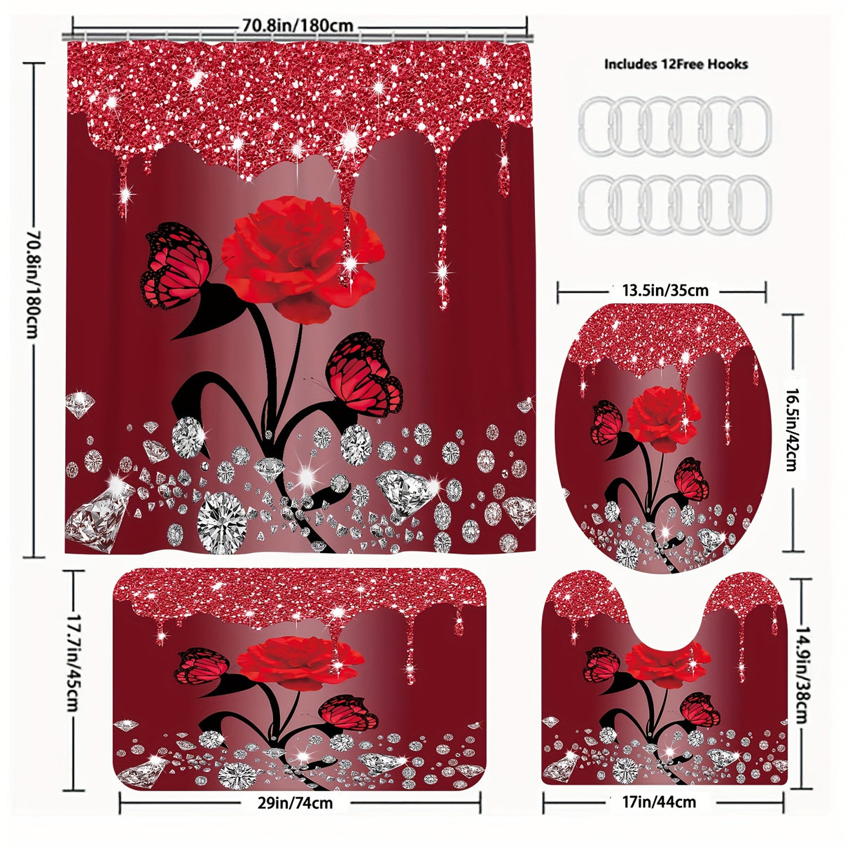1/3/4pcs Diamond Butterfly Rose Pattern Shower Curtain Set - Waterproof, Non-Slip, Decorative Bathroom Essentials with Bath Mat, Toilet Cover Pad, U-Shaped Mat, and Hooks - Complete Home Bathroom Decor Solution