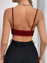 Houndstooth Print V-Neck Cami Top, Sexy Backless Sleeveless Crop Top for Women