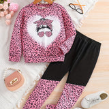 Girl's Camouflage Pattern 2pcs, Long Sleeve Top & Pants Set, Anime Sunglasses Girl Print Casual Outfits, Kids Clothes For Spring Fall