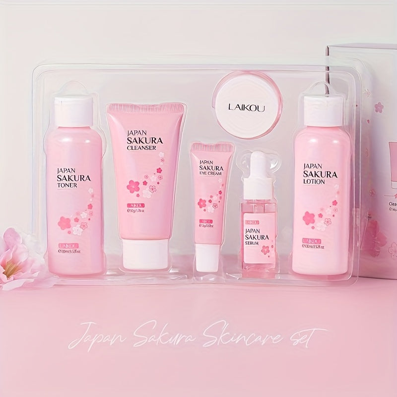 6 Pcs LAIKOU Sakura Hydrating Facial Care Set - Intensely Moisturize, Firm, and Nourish All Skin Types with Hyaluronic Acid - Perfect Gift for Holidays, Birthdays, Valentines Day, and Fathers Day