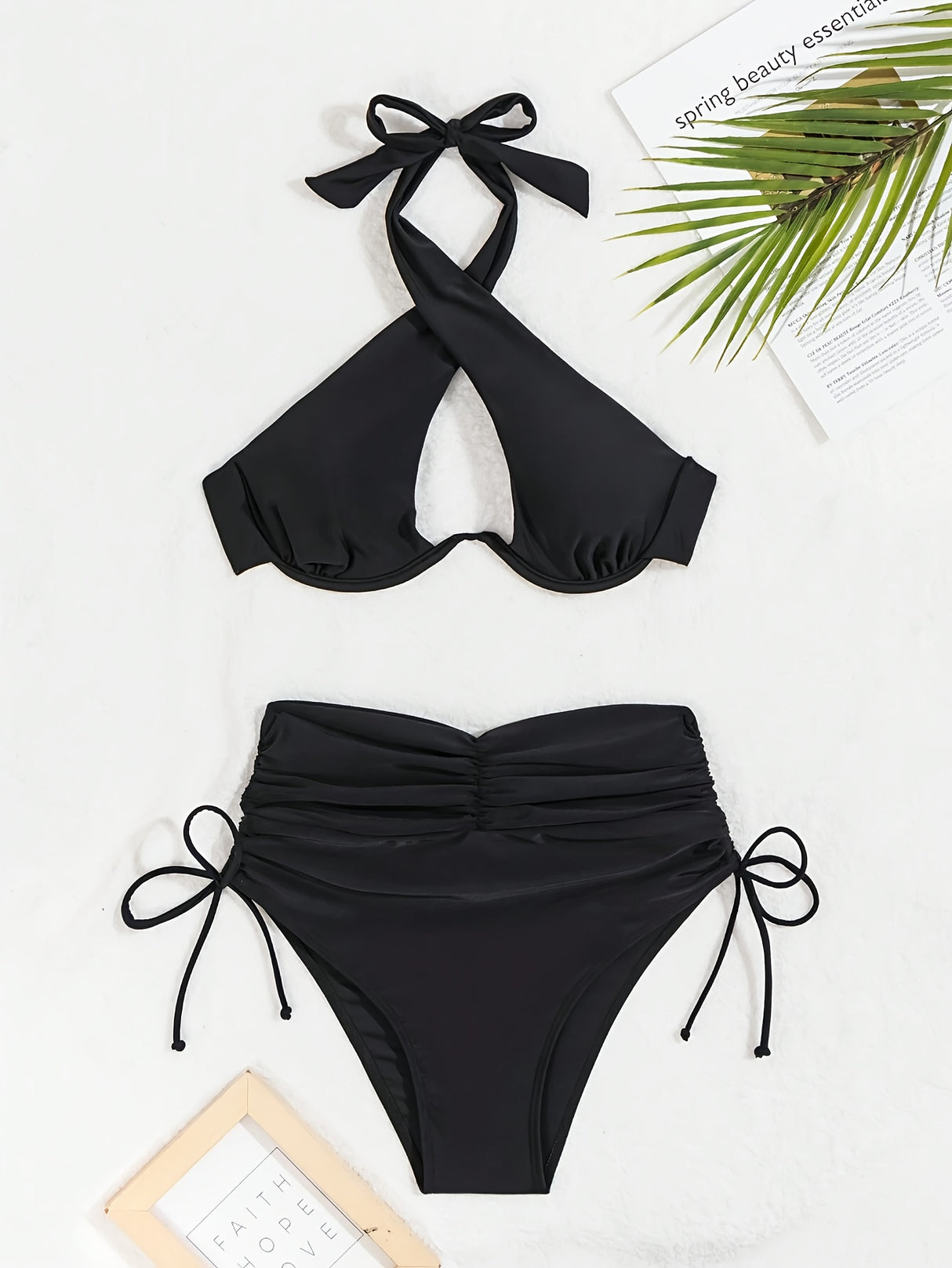 Elegant Halter Neck Bikini Set with High-Waist Tummy Control - Stretchy, Non-Transparent Nylon Blend Swimsuit for Women, High Waisted Bikini Set