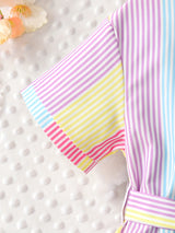 Little Girls Striped A-Line Dress with Tie Belt - Short Sleeve, Non-Stretch Polyester, Casual Summer Holiday Wear for Girls - Perfect Gift Idea