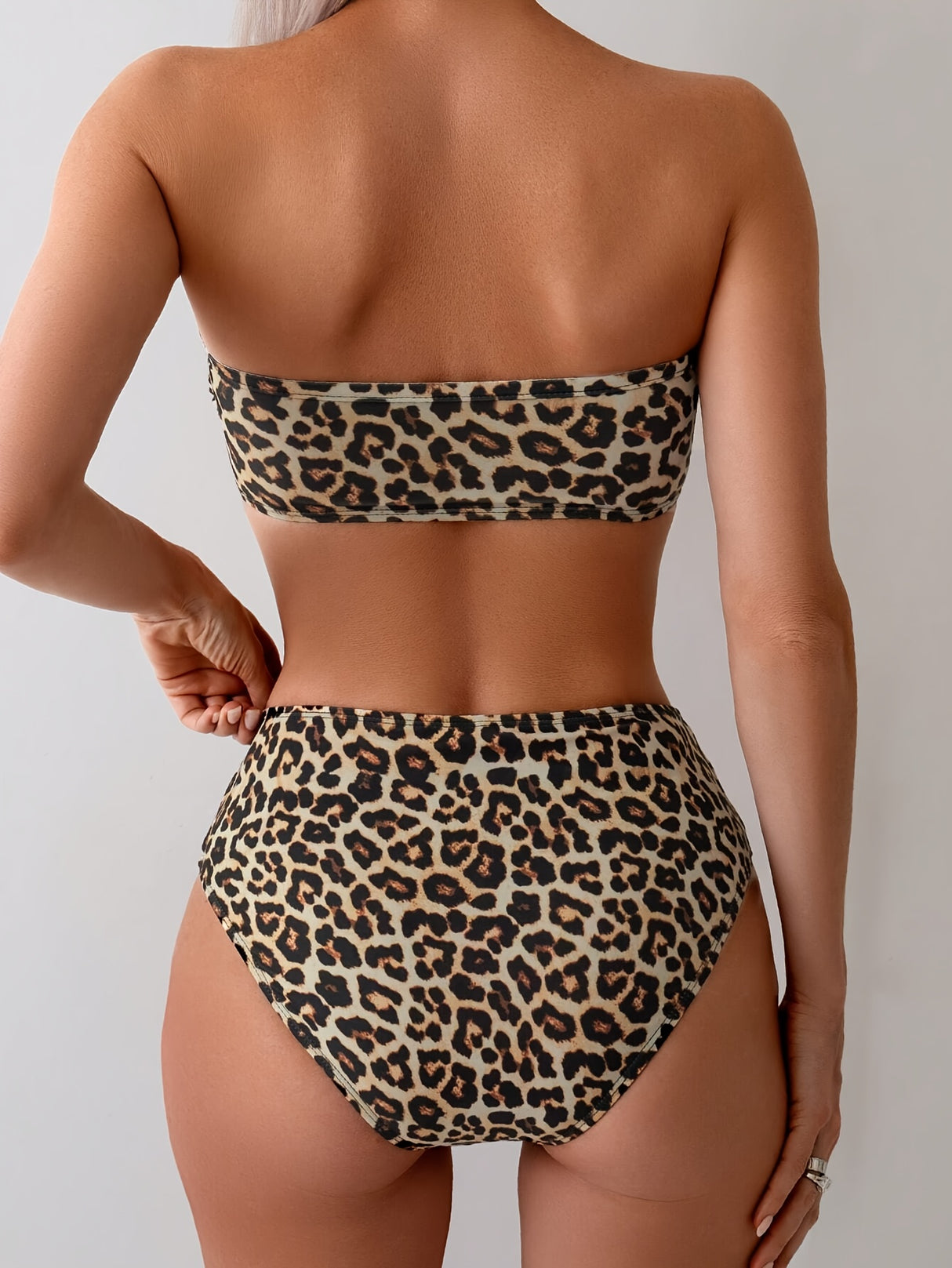 Sexy Split Strapless Strapless Leopard Print High Waisted Thong Beach Party Bikini Swimsuit For Women