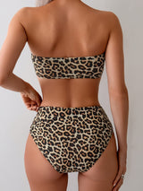 Sexy Split Strapless Strapless Leopard Print High Waisted Thong Beach Party Bikini Swimsuit For Women
