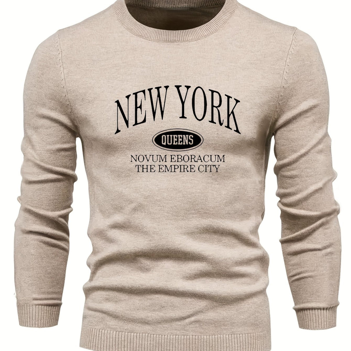 NEW YORK Print All Match Knitted Sweater, Men's Casual Warm Mid Stretch Crew Neck Pullover Sweater For Men Fall Winter