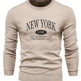 NEW YORK Print All Match Knitted Sweater, Men's Casual Warm Mid Stretch Crew Neck Pullover Sweater For Men Fall Winter