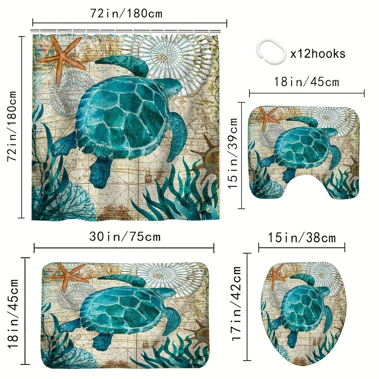 4pcs Luxurious Turtle Seaweed Pattern Shower Curtain Set - Waterproof Bathroom Essentials with U-Shaped Mat, Toilet Cover Mat, L-Shaped Mat, Hooks, and Stylish Home Decorations
