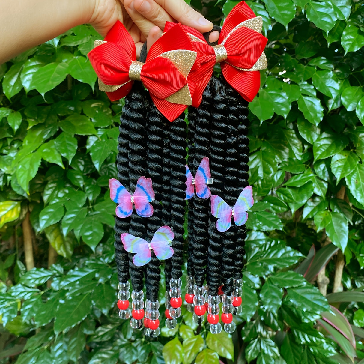 2pcs Delicate Kids Ponytail Extensions, Braids With Beads, Sweet Hair Extension With Elastic Tie, Twist Ponytails With Hair Bows Butterflies, Cute Pigtail, Beautiful Wig For Girls Casual Leisure Party Supplies, Gift Stage Per