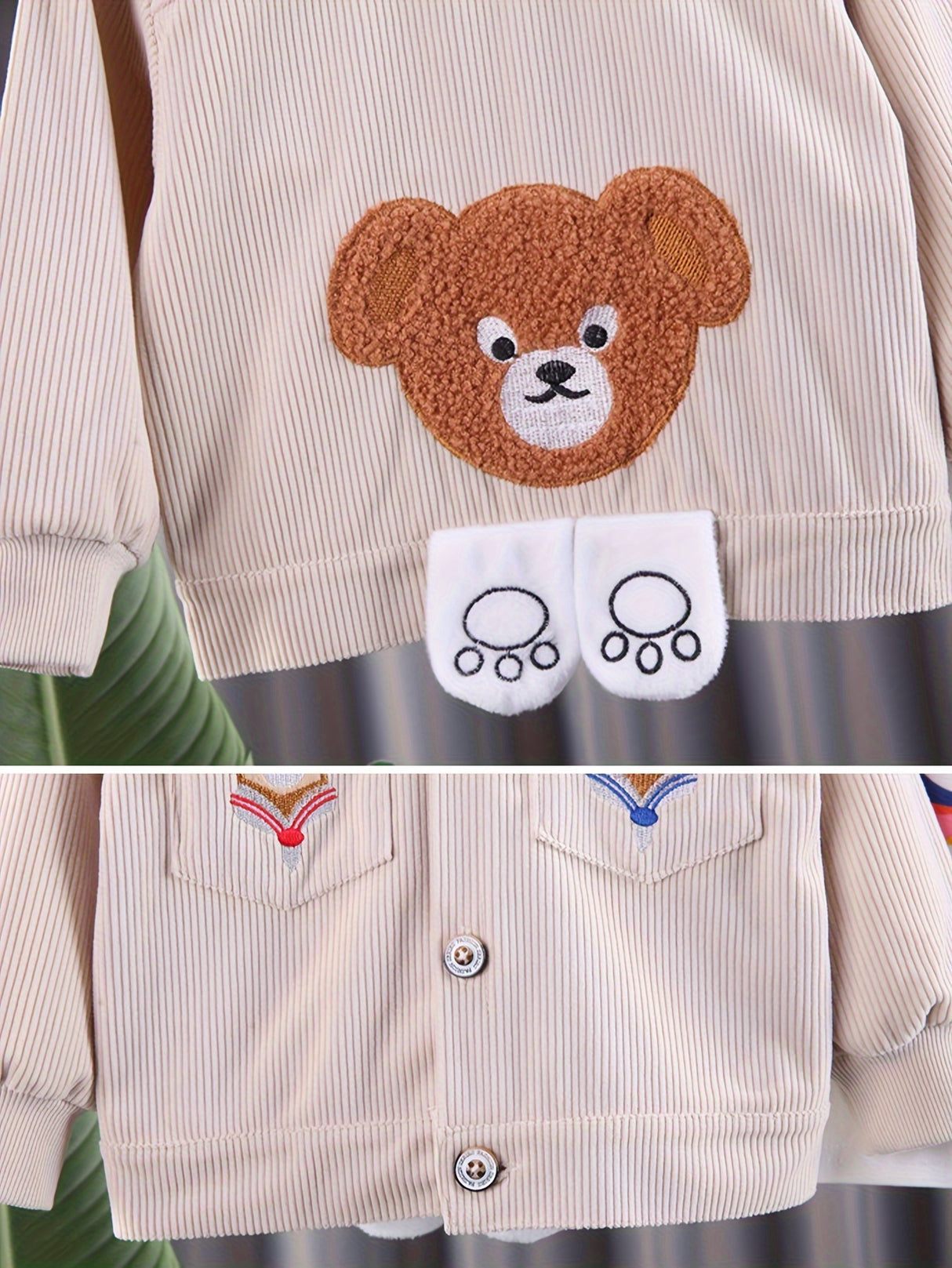 2pcs Toddler Boys Stylish Corduroy Outfit Set - Comfortable Casual Sportswear with Adorable Embroidered Bear Design, Complete Coat and Pants - Perfect for Spring and Autumn, Beige