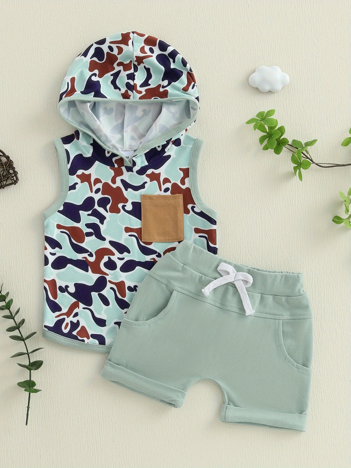 0-3T Toddler Boys Summer Outfits Camouflage Hooded Sleeveless Tank Tops Elastic Waist Shorts Cute Clothes Set, for Outdoor