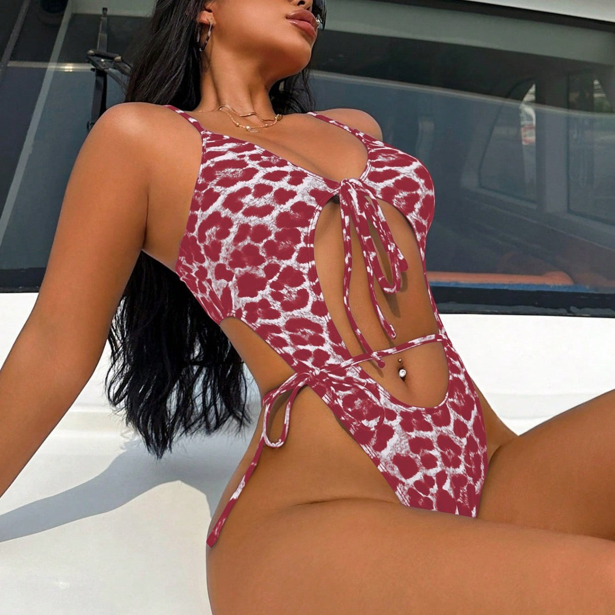 2025 Sexy Leopard Print Lace-Up Front One-Piece Swimsuit for Women - Adjustable Straps, Medium Stretch Vacation-Ready Swimsuit, Hand Wash Only