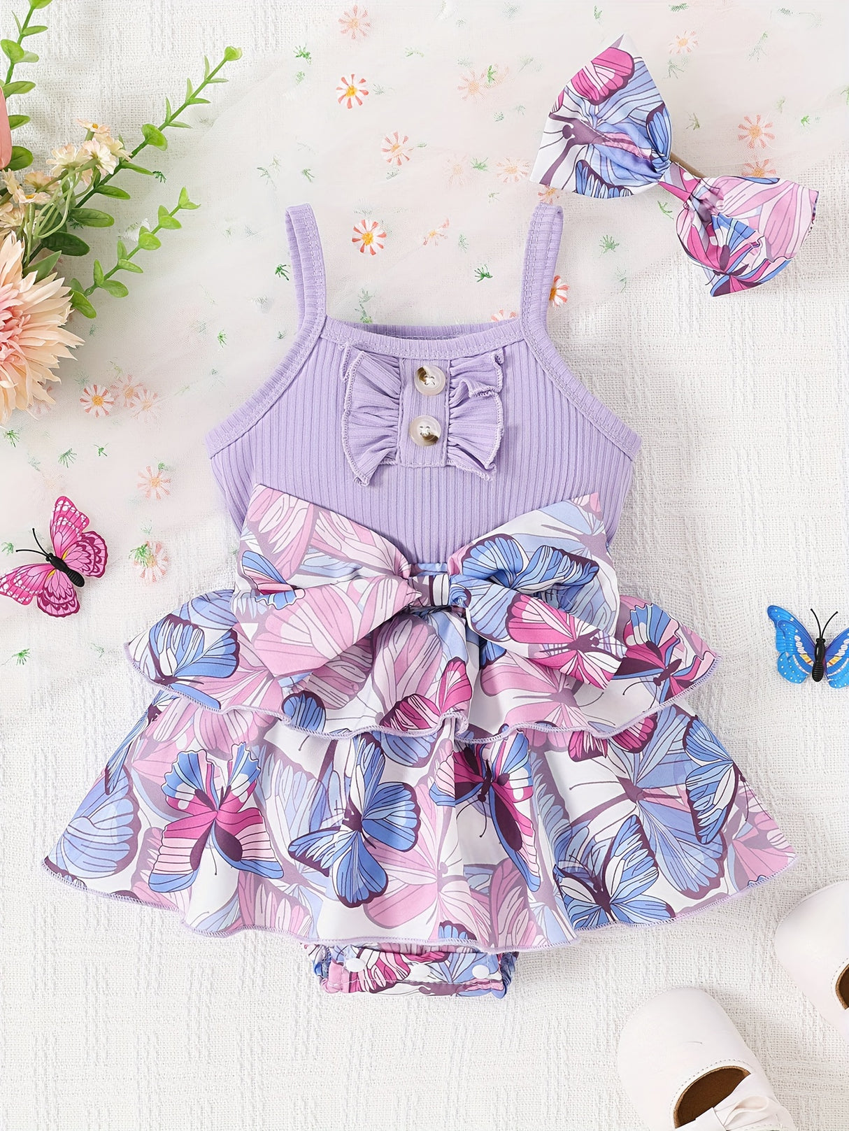 Baby Girl Summer Butterfly Print Combination Vest And Bow+Headband Two-Piece Set, for Outdoor