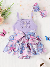 Baby Girl Summer Butterfly Print Combination Vest And Bow+Headband Two-Piece Set, for Outdoor