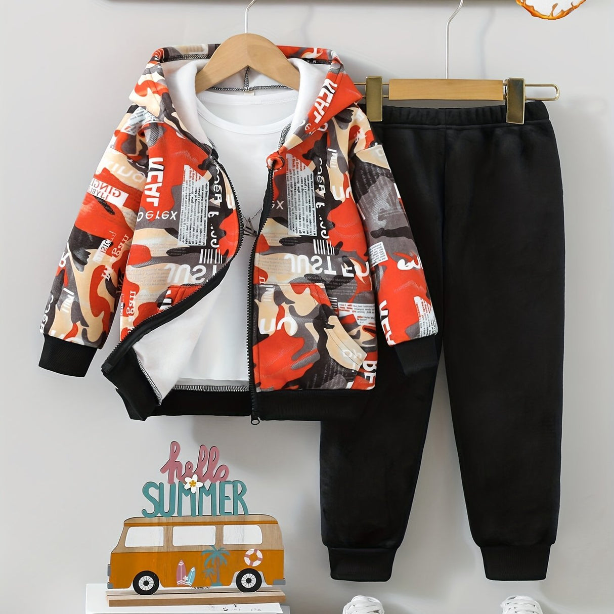 2pcs Boy's Camouflage Letter Print Hooded Outfit, Casual Zipper Hoodie & Pants Set For Outdoor Wear, Boys Clothes, As Gift