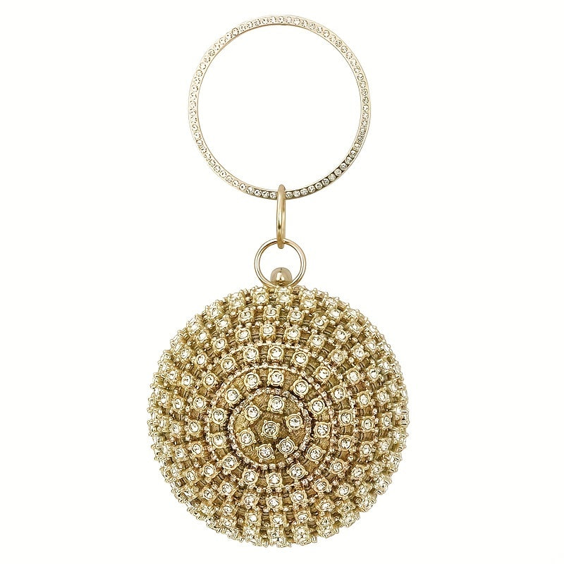 Glamorous Rhinestone Evening Clutch - Women's Elegant Round Handbag for Prom, Party, Wedding, Carnaval, Music Festival - Sparkling Glitter Top Ring Design, Stylish Accessory for Night Out
