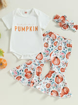 3pcs Pumpkin Floral Print Baby Girl Set: 3-Piece Romper, Bodysuit, Pants & Headband