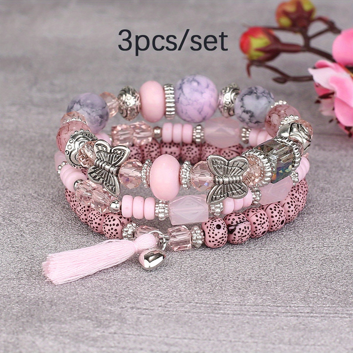 3pcs/set Vibrant Bohemian Butterfly Pendant Tassel Beaded Elastic Multi-Layer Acrylic Bracelets - Stylish Boho Accessories for Men and Women - Perfect Daily Decoration, Gift for Family, Friends, Boyfriends, and Girlfriends on