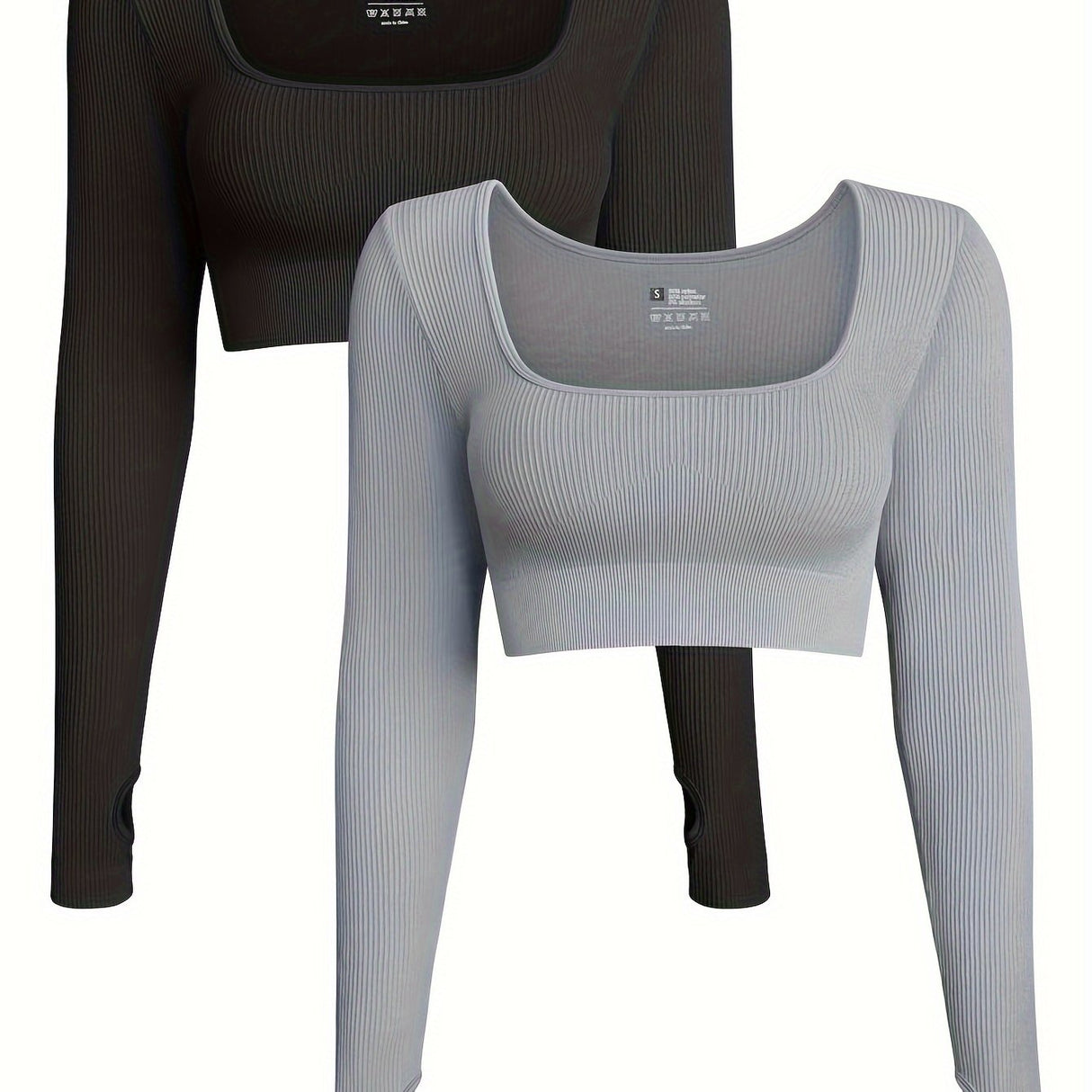 OQQ Women's 2 Piece Crop Top Ribbed Seamless Workout Exercise Long Sleeve Crop Tops