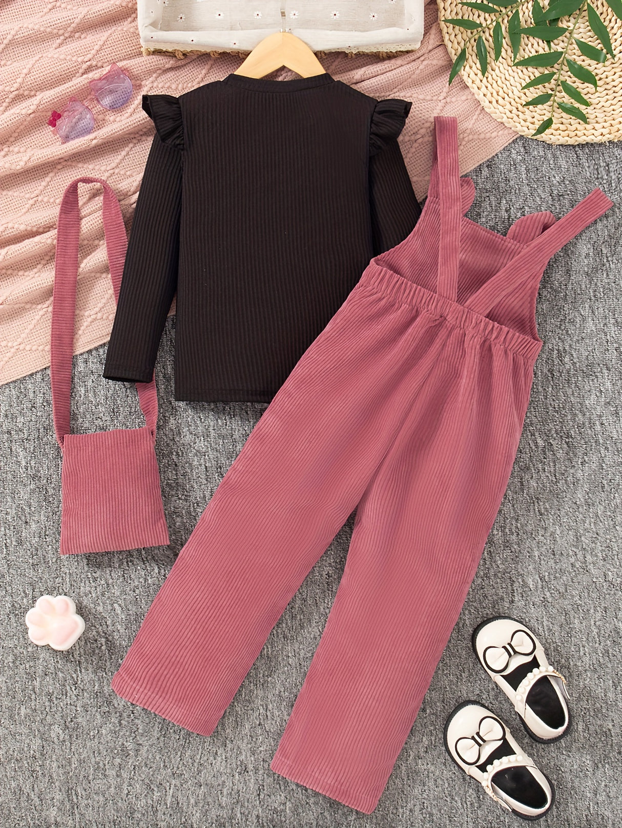 3PCS Flutter Trim Long Sleeve Top + Embroidery Jumpsuit Romper + Bag Set Kids Clothes For Girls Spring Fall Gift