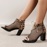 Women's Leopard Print Mesh Block High Heels, Fashion Peep Toe Lace Up & Back Zipper Sandals, Sexy Dress Shoes