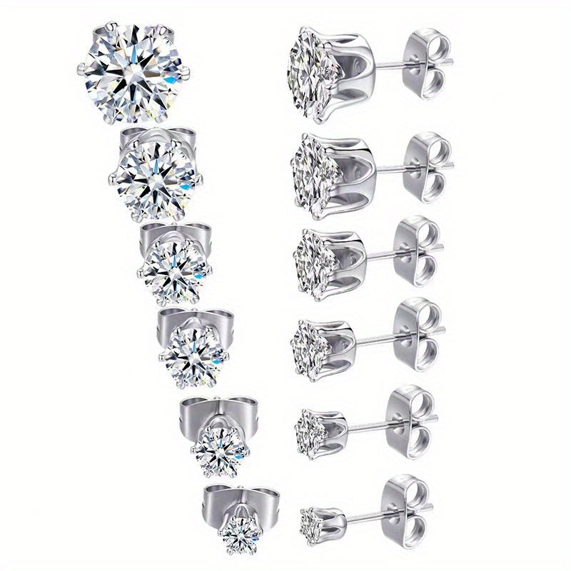Sparkling Stainless Steel 6-Prong zirconia Stud Earrings Hypoallergenic Daily Decor Earrings 18K Gold Plated Ear Bone Buckle Jewelry