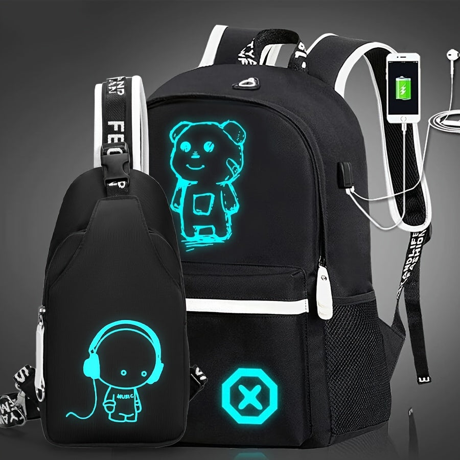 2pcs/set Cartoon Print Large Capacity Casual Backpack, 2-Piece Set: Travel Backpack, School Bag, Chest Bag