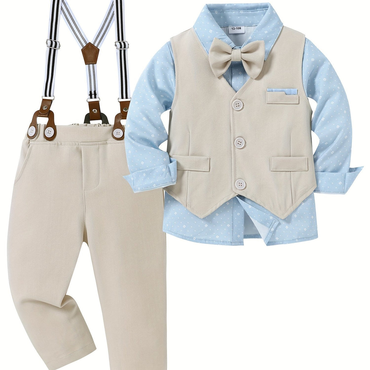 4pcs Toddler Boys Gentleman Outfit Set - Cotton Blend Long Sleeve Shirt, Bowtie, Vest, Suspender Pants with Floral Pattern for Wedding Party - All-Season Regular Fit, Woven Fabric, Single Breasted Lapel Collar, 5.0% Spandex,