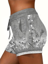 Stretchy Polyester Drawstring Waist Shorts - High Elasticity, All Over Random Print, Casual Summer Shorts for Women - Comfy, Breathable, and Quick Drying