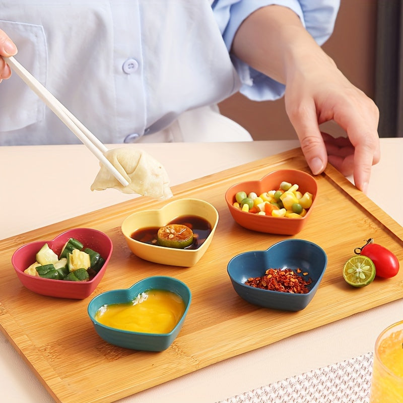 10pcs, Heart Shaped Sauce Dipping Bowls, Wheat Straw Dip Bowls, Small Plastic Appetizer Plates, Dinnerware, Home Kitchen Accessories