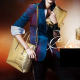 3pcs/set Golden Luxury Top Handle Tote Bag, Crocodile Print Satchel Handbag, Women's Fashion Shoulder Bag, Crossbody Bag & Purse