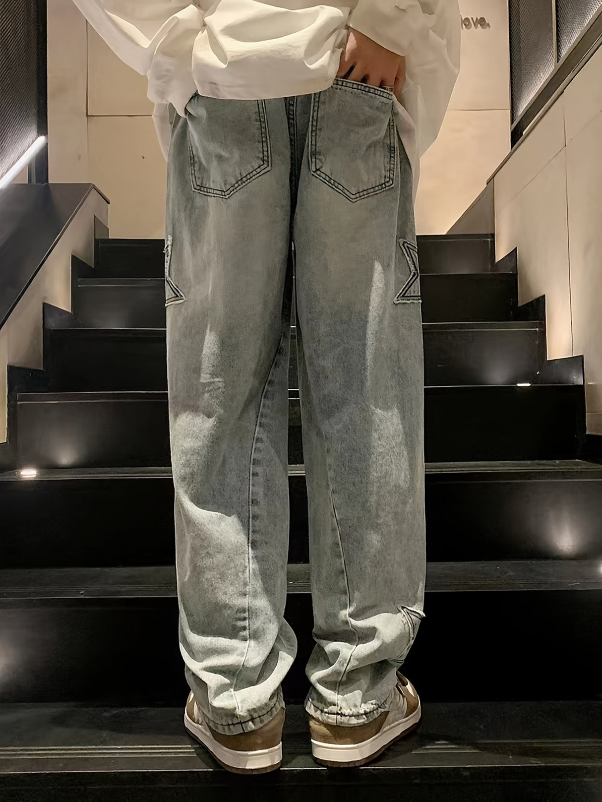 Wide Leg Denim Jeans for Men - Trendy Star Pattern, Washed, Non-Stretch, Loose Fit, Regular Length, Solid Color, Street Style, All-Season Casual Pants