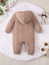 BROWNBARK Cozy Brown Hooded Baby Boy Bodysuit - Cute Pit Strip Knit, Long Sleeve with Easy-Button Closure, Polyester & Elastane Blend, Machine Washable - Perfect for Fall, Baby Boy Clothes, BROWNBARK, Perfect for Outdoor