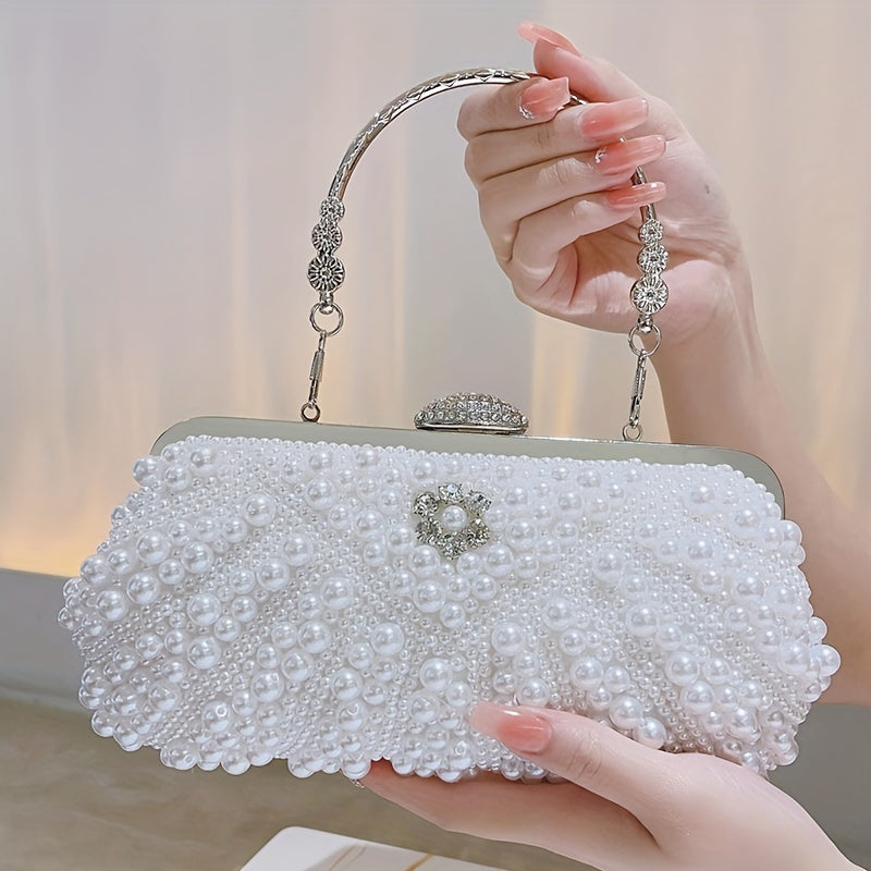 Luxurious Faux Pearl & Diamond Shell Pattern Clutch Bag - Buckle Closure, Metal Chain Strap, Polyester Lining, Solid Color, Party Perfect for Wedding, Evening Events - Elegant and Chic Handbag