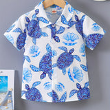Hawaiian Holiday Turtle And Shell Print Boys Creative Shirt, Casual Short Sleeve Lapel Shirt Tops, Boys Clothes For Summer Outdoor