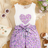 Girls 2pcs Round Neck Sleeveless Tank Top & Elastic Waist Shorts With Belt Floral Love Print Casual Kids Clothes Summer