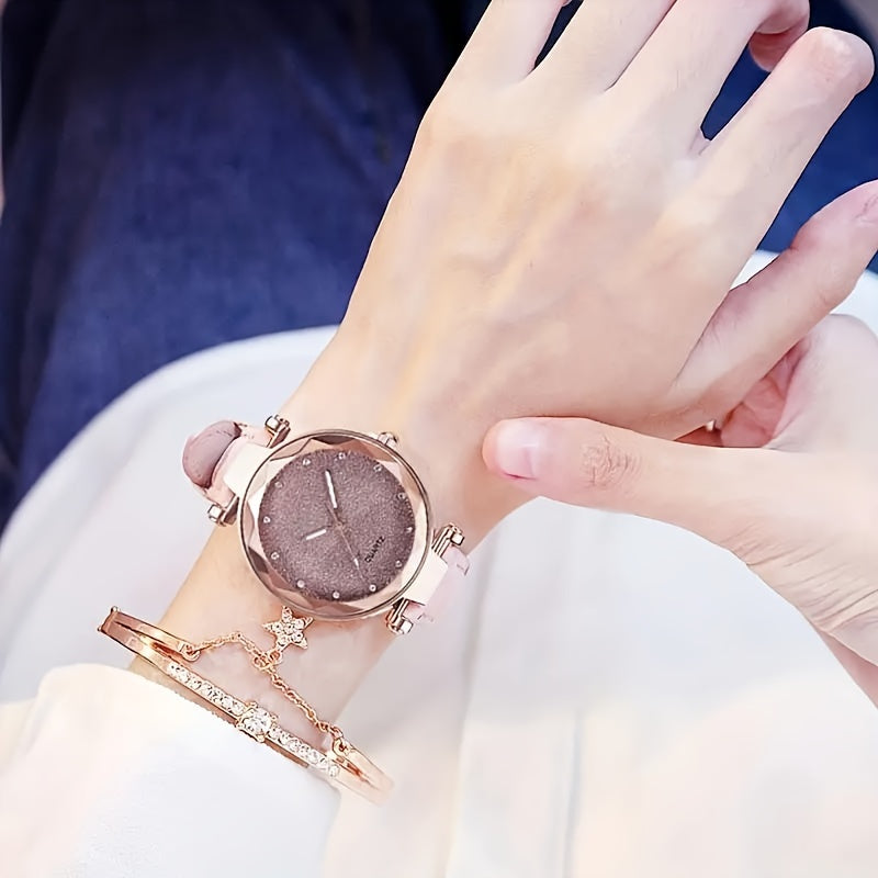 2pcs/set Women's Chic Quartz Heart-Shaped Watches and Sparkling Star Bracelet Set - an Elegant Gift For Her, The Perfect Choice For Valentine's Day